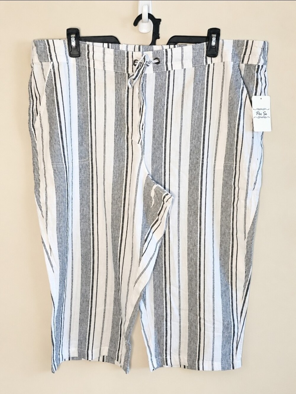 Per Se Linen Blend Capri Pants Women's 2X White Black Striped Drawstring Coastal